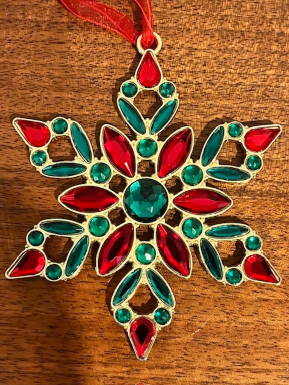 Red & Green Rhinestone Jeweled Snowflake Ornament